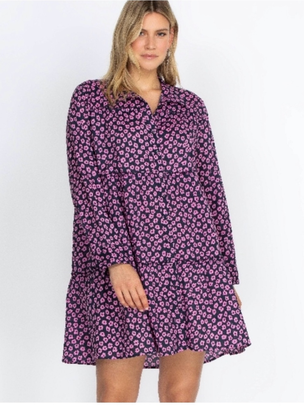 Johnny Was Woodstock Floral Tiered Long-Sleeve Mini Dress in Pink and Navy XS